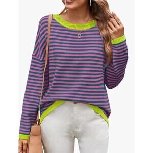 WIHOLL Women's Sweaters Dressy Casual Long Sleeve Tops Round Neck Striped Small